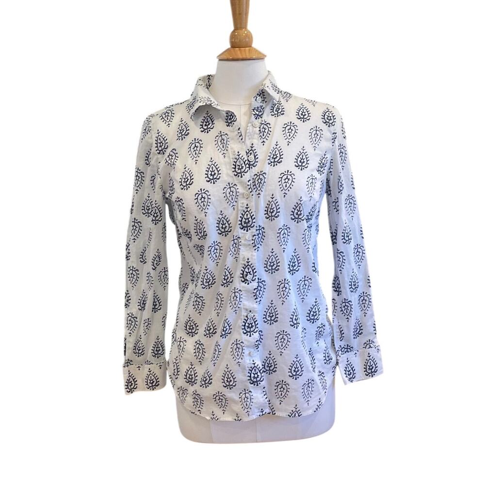 Talbots Navy Blue Allover Print Cotton Button Down Shirt, Career, Office, Size M